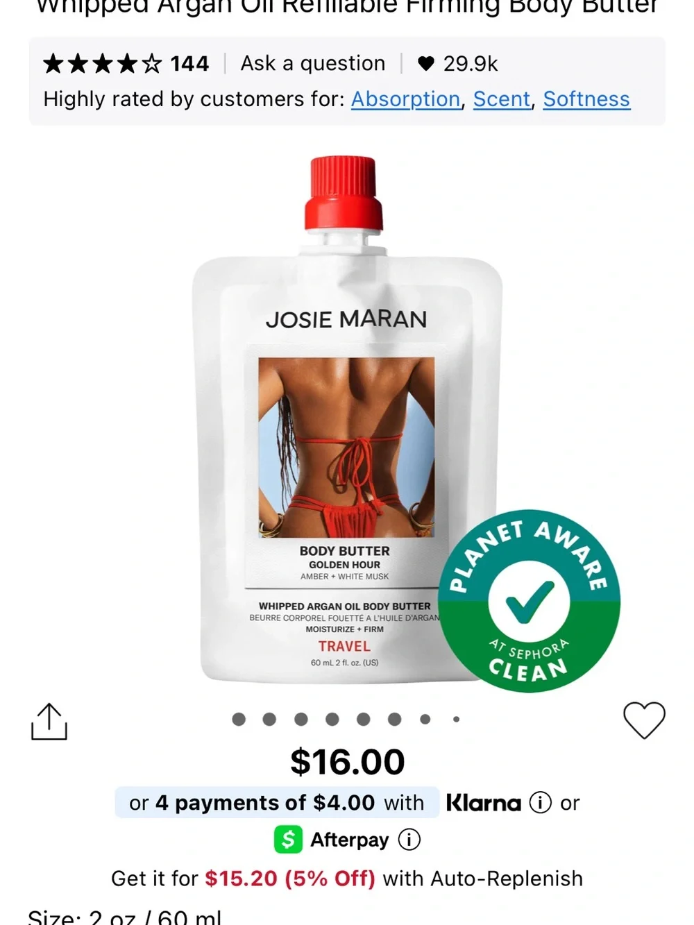 Josie Maran Golden Hour Whipped Argan Oil Body Butter - Travel